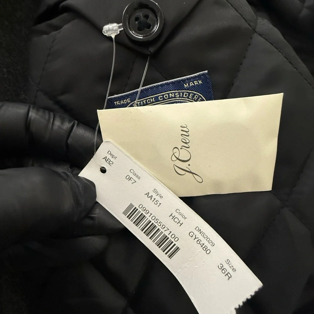 NWT J. Crew Charcoal Wool Topcoat, Overcoat With Quilted Lining Size 36R